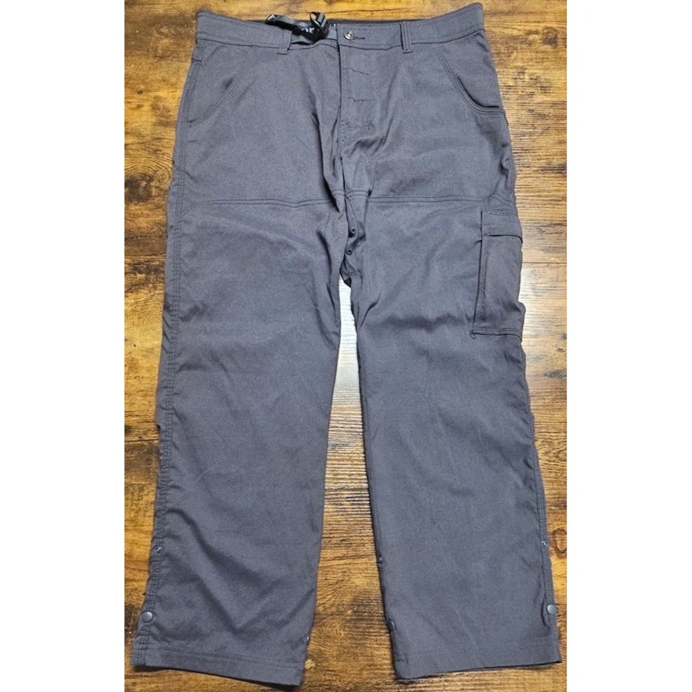 PRANA Stretch Zion Pant Belted Vented Roll Up/Snap Dark Iron Men's Size 34x32